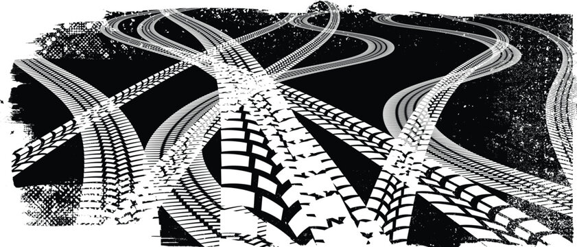 Vector Print Textured Tire Track banner. Design Element . Car tread silhouette . Mud splash grunge texture. Drift show
