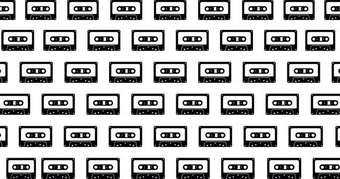 Seamless pattern of black vintage audio cassette tape vector icons for retro music background wrapping paper textile backdrop