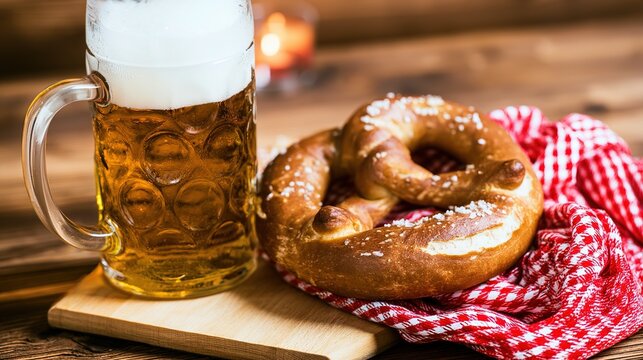 Oktoberfest table with creamy beer and soft pretzel, trachten scarf and candlelight for cozy tavern mood