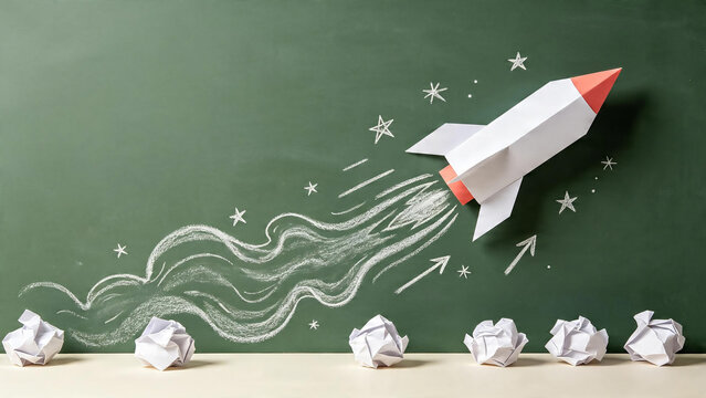 Paper Rocket Launching Above Crumpled Ideas on Green Chalkboard