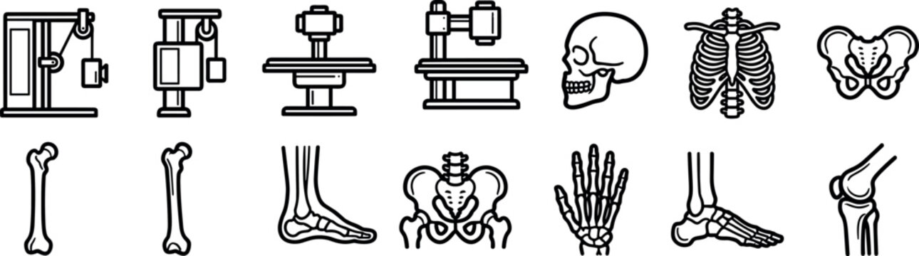 Medical radiology and X-ray line icon set of hospital scanning machine human bone vector elements