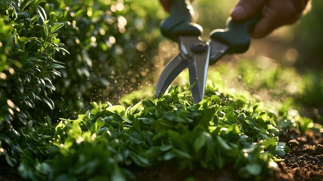 Hand pruning privet hedge with sharp shears, fresh green leaves and gardening moment, soft outdoor still life