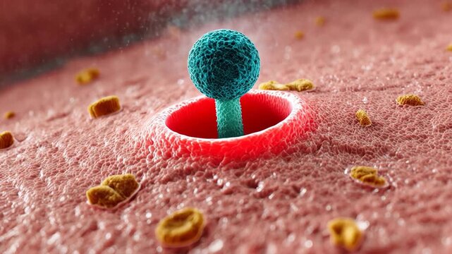 Spore emerging from human skin pore, microscopic fungal infection spreading through epidermal tissue layer, dermatology concept of parasitic organism growth on cellular surface.