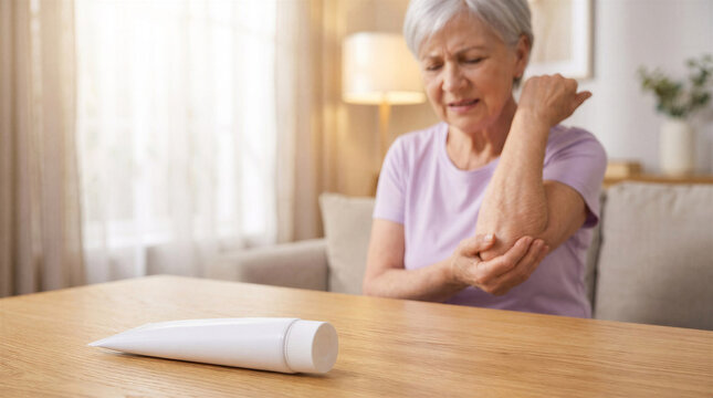Senior woman suffering from elbow joint pain at home with ointment tube on table. Arthritis and inflammation treatment concept. Elderly healthcare and pain relief medical cream