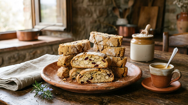 Stack of delicious biscotti cookies with dried cranberries and nuts served with a cup of tea on a rustic wooden table.