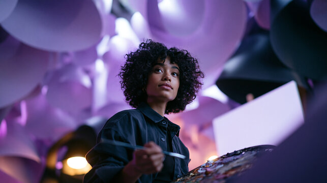 Young Woman Artist Painting with Palette in Creative Studio