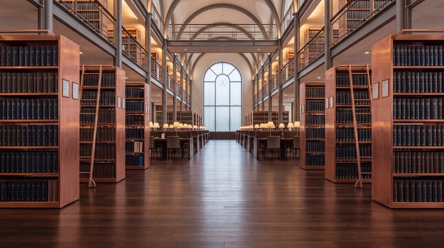 Modern Architecture of Grand Library Interior with Bookshelves