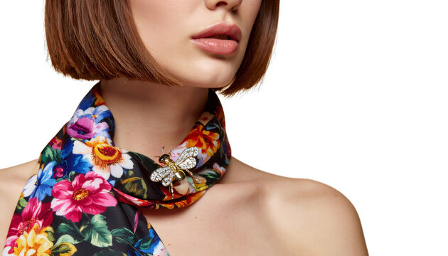 Woman wearing floral scarf and bee brooch on transparent background