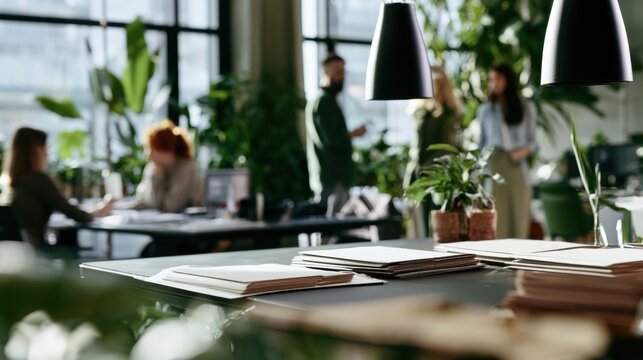 People working in a modern office filled with plants during daylight hours
