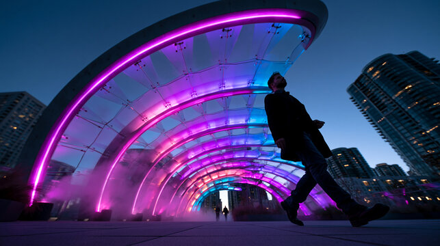 Man Walking Near Illuminated Modern Urban Archway at Dusk