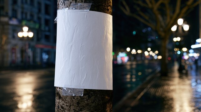 Night scene with a blank poster on a tree in a city street covered in rain