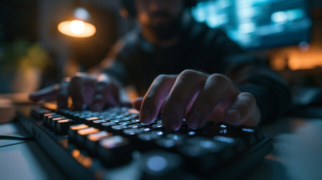Programmer Hands Typing on Mechanical Keyboard at Night