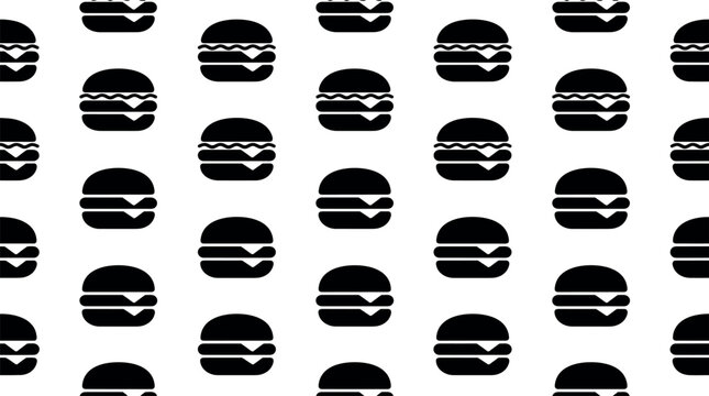 Seamless pattern of black burger vector icons for fast food cafe restaurant branding packaging menu background wrapping paper textile backdrop
