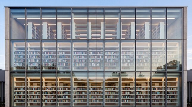 Modern Glass Facade Library with Illuminated Bookshelves