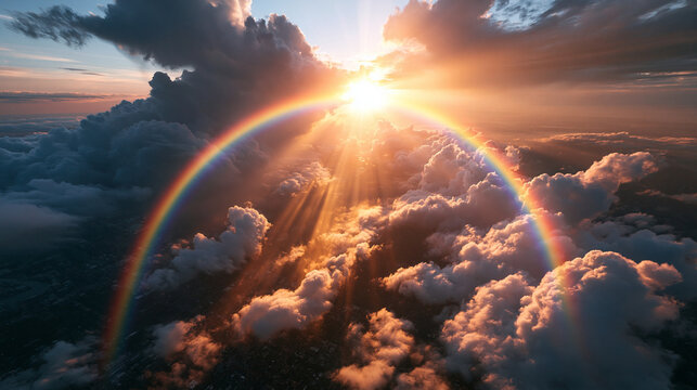 Vibrant Rainbow Over Clouds with Dramatic Golden Sunbeams