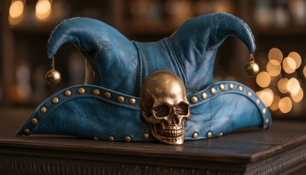 Ornate blue fantasy jester hat with golden skull centerpiece resting on a dark wooden surface in a warm tavern setting