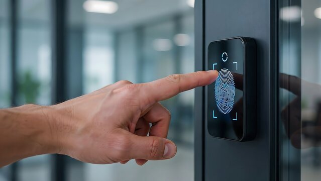 Human finger touching a digital biometric fingerprint scanner mounted on a dark glass door in an office setting