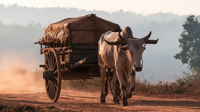 Wooden ox-drawn cart moving slowly on country dirt road, pastoral morning light, historical farming transport