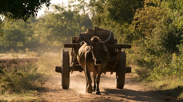 Ox-drawn cart on country dirt road at morning, rural landscape and historical farm transport