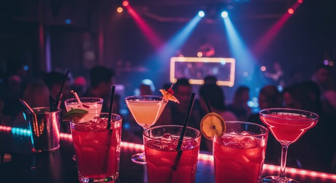 Vibrant cocktail bar scene with colorful drinks under neon club lighting