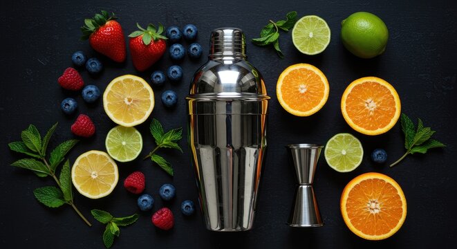 Stylish cocktail shaker with fresh citrus fruits and berries on dark background