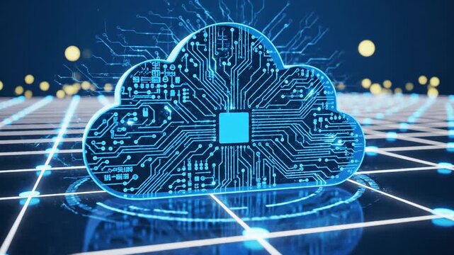 Abstract cloud computing concept with digital circuitry and glowing lines