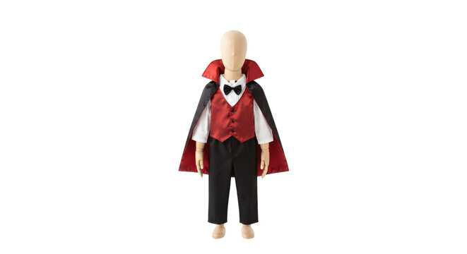 Child mannequin wearing a classic vampire Halloween costume