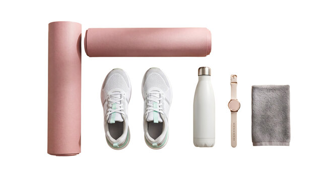 Fitness and yoga gear flat lay with mat and shoes