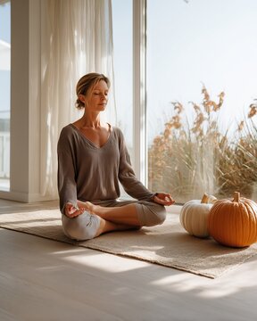 Woman Practicing Yoga and Meditation Next to Window in Autumn Sunlight