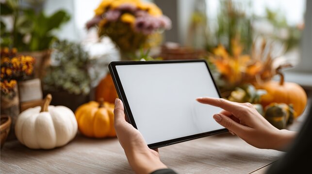 Hands Holding Digital Tablet with Blank Screen in Seasonal Autumn Setting
