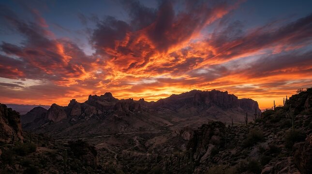 Dramatic Dusk Sunset View over Rugged Desert Mountain Peaks with Vibrant Fiery Clouds sunset clouds desert mountains colorful fiery twilight dusk sky horizon landscape nature scenic mountain range