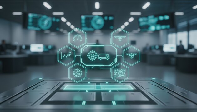 Futuristic holographic digital interface displaying logistics and fuel delivery tracking over a metallic control panel in a high-tech command center