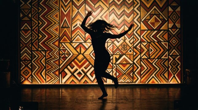 Silhouette of a woman dancing energetically in front of a vibrant geometric African textile pattern