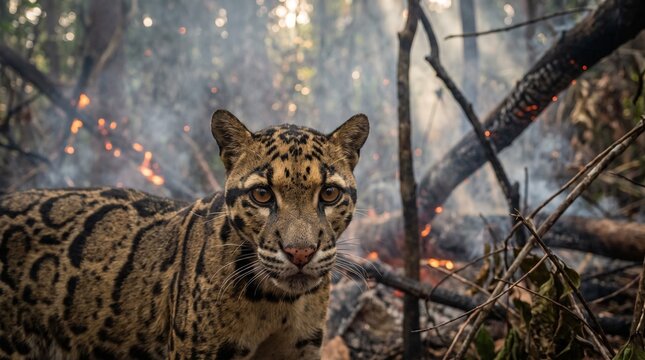 A clouded leopard standing in a forest during a wildfire with smoke and flames in the background.