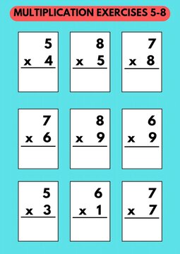 Educational Multiplication Exercises Worksheet for Kids to Practice Basic Math Skills and Arithmetic Learning