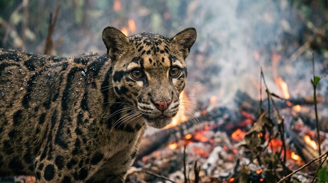 A clouded leopard standing in front of a forest fire in the jungle.