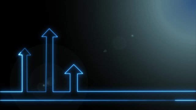 Three blue neon arrows point upward on dark gradient space. Financial business growth moves along the blue neon arrows. Corporate progress drives the blue neon arrows.