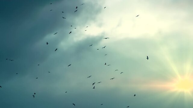 Bird Flock in the Sunlight. A large number of birds circling in the background of the cloudy sky in sunset colors