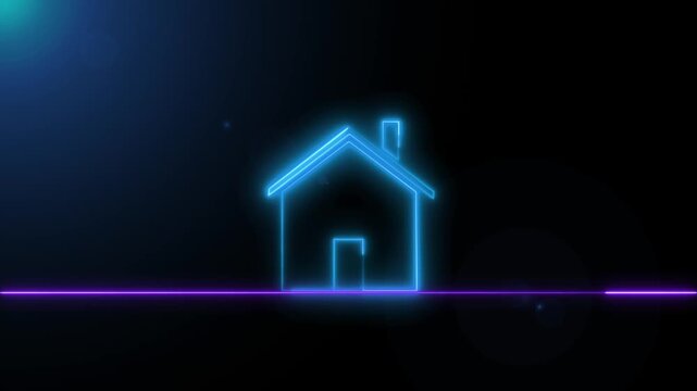Blue neon house outline features an active glowing chimney. Smart residential real estate uses the blue neon house outline. Modern architecture lights this neon house outline.