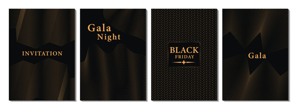 Luxury gala invitation card background. Elegant black friday sale with gold line pattern template and black background 