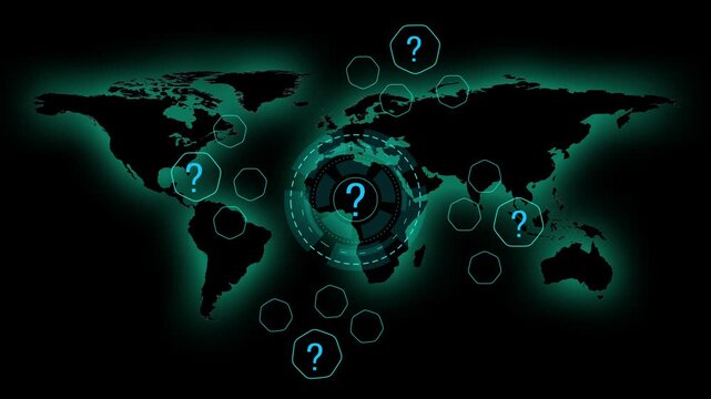 World map displays question marks over a futuristic digital HUD. Global data inquiries track across this digital world map. Cyber surveillance analytics monitor on the world map.
