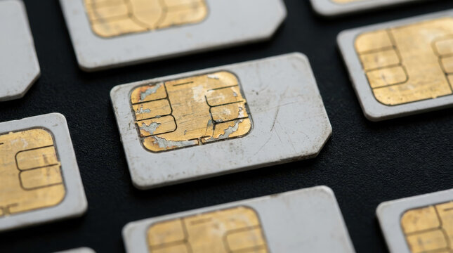 Worn sim card close up with scratched gold chip on black surface showing weathered texture