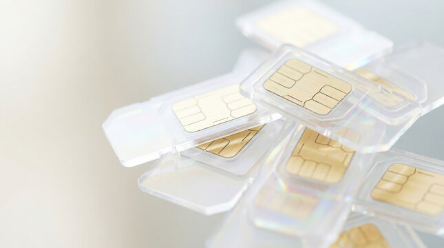 Stack of multiple SIM cards overlapping with golden chip close up