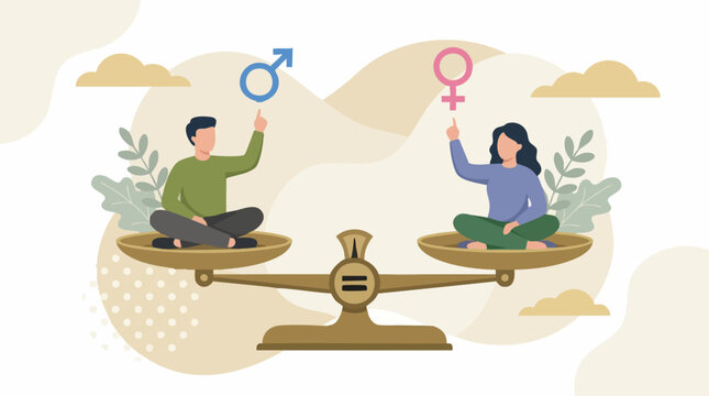 Gender equality on a balanced scale with male and female symbols