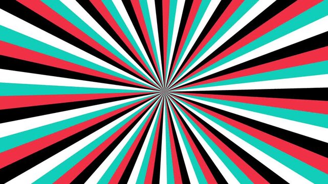 abstract retro background, rotating red, cyan, black, and white sunburst radial background motion graphic