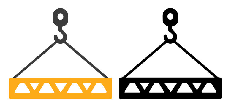 Construction crane hook lifting metal beam icon set in solid and outline styles on transparent background