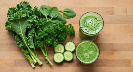 Obraz premium Fresh green kale leaves with halved lime on wooden surface.