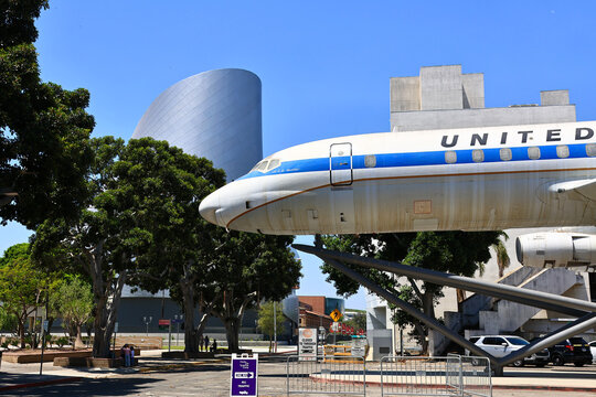 Los Angeles, California &ndash; July 28, 2026: Exposition Park entrance with United Airlines Douglas DC-8-52 Mainliner on display at California Science Center