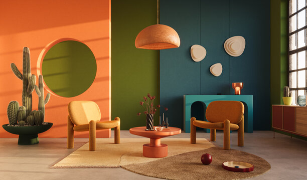 Modern color-blocked living room with geometric wall art and sculptural furniture, 3d render