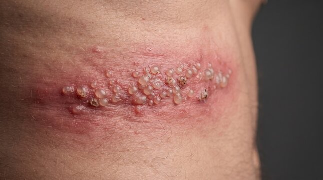 Close up of severe shingles herpes zoster viral infection with painful fluid filled blisters